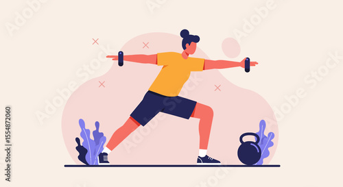 A dynamic flat design illustration showcases an athletic man in sportswear, engaged in a workout routine, suitable for fitness and wellness website banners or marketing materials.