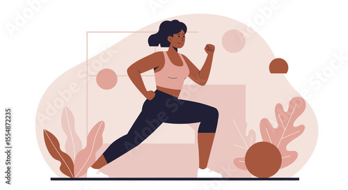 A dynamic flat design illustration showcases an athletic man in sportswear, engaged in a workout routine, suitable for fitness and wellness website banners or marketing materials.