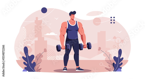 A dynamic flat design illustration showcases an athletic man in sportswear, engaged in a workout routine, suitable for fitness and wellness website banners or marketing materials.