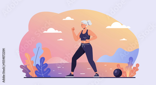 A dynamic flat design illustration showcases an athletic man in sportswear, engaged in a workout routine, suitable for fitness and wellness website banners or marketing materials.
