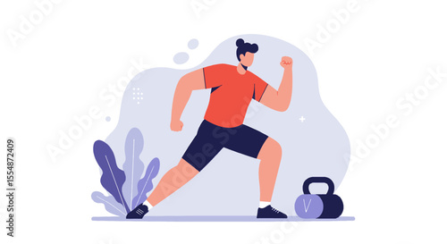 A strong muscular man is depicted in a lunge position, showcasing fitness and strength training, with a kettlebell subtly placed in the background, suggesting a workout or exercise routine.