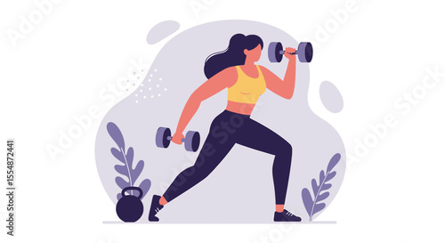 A young woman is doing a fitness workout with dumbbells, showcasing a healthy lifestyle and physical activity in a minimalist illustration style.