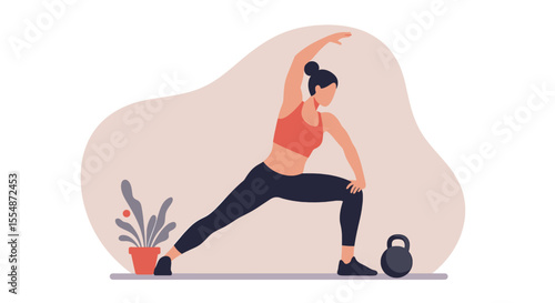 A dynamic flat design illustration showcases an athletic man in sportswear, engaged in a workout routine, suitable for fitness and wellness website banners or marketing materials.