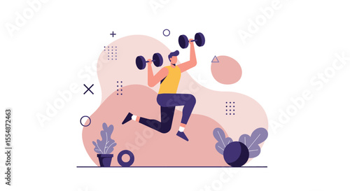 A strong man is jumping while lifting dumbbells during a fitness workout, an active lifestyle concept illustrated with a modern and colorful design.