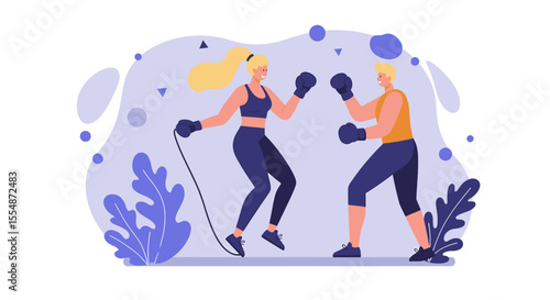 A dynamic flat design illustration showcases an athletic man in sportswear, engaged in a workout routine, suitable for fitness and wellness website banners or marketing materials.