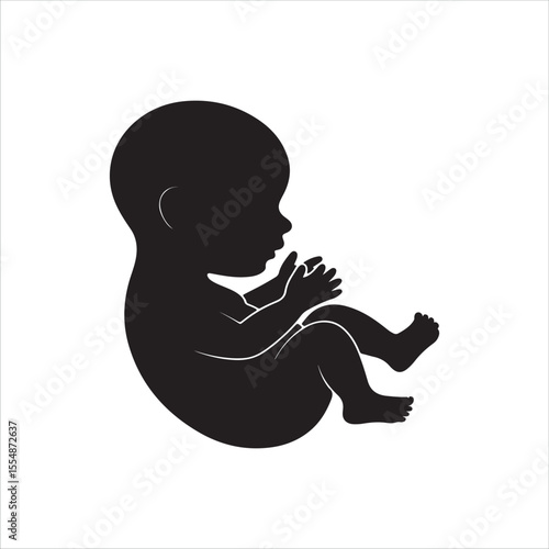Black silhouette of a human fetus curled up in a fetal position on a white background