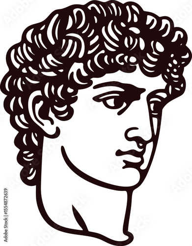 Classical ancient greek male bust head engraving illustration with curly hair and strong facial features profile