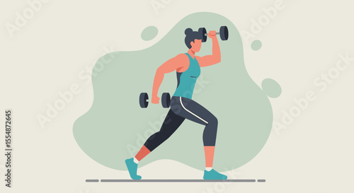 A strong woman doing lunges with dumbbells, in a flat design style, perfect for fitness websites, blogs, or marketing materials needing a healthy and active lifestyle visual.