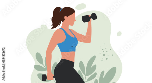 A dynamic flat design illustration showcases an athletic man in sportswear, engaged in a workout routine, suitable for fitness and wellness website banners or marketing materials.