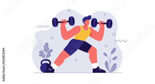 A strong man is lifting dumbbells during a fitness workout, in a flat design style, perfect for a fitness landing page banner or presentation template.