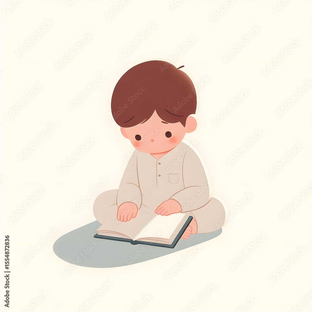 Boy cartoon character reading a book with a smile, studying in school Boy cartoon character reading a book with a smile, studying in school