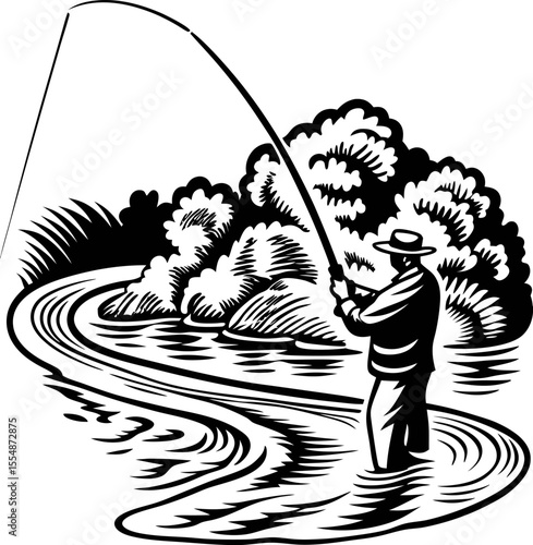 Fisherman casting rod in flowing river with trees and bushes in detailed black and white engraving illustration