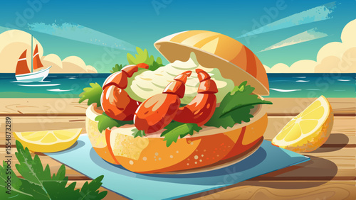 Chunks of fresh lobster mixed with a light lemon-mayo sauce rest inside a buttered, toasted split-top bun. The seafood is juicy and glistening, garnished with fresh herbs. A wedge of lemon lies nearby