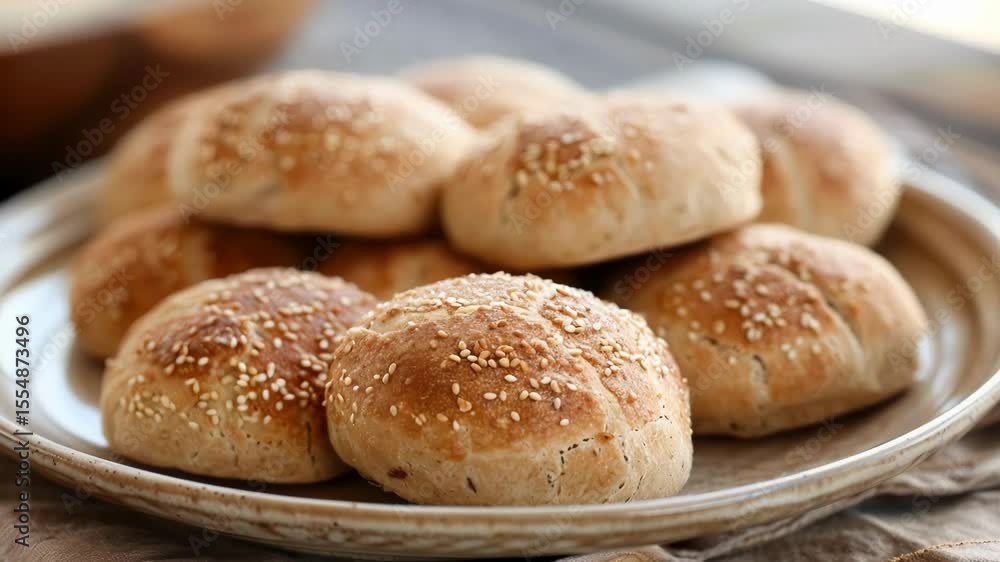 Freshly baked bread rolls with sesame seeds on a plate, ideal for a delicious meal or snack, with a rustic homemade look and tempting aroma Freshly baked bread rolls with sesame seeds on a plate, ideal for a delicious meal or snack, with a rustic homemade look and tempting aroma