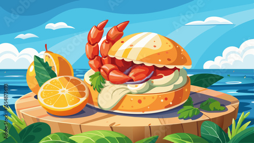 Chunks of fresh lobster mixed with a light lemon-mayo sauce rest inside a buttered, toasted split-top bun. The seafood is juicy and glistening, garnished with fresh herbs. A wedge of lemon lies nearby