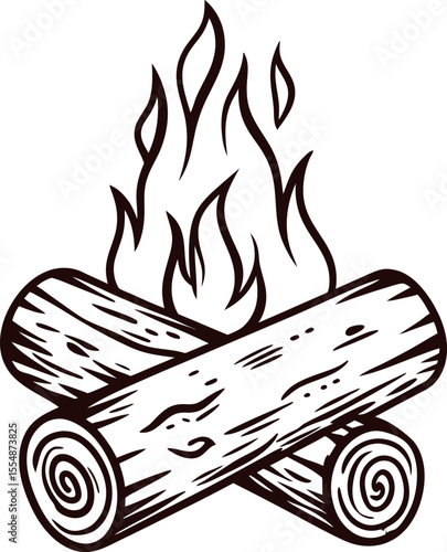 Campfire illustration with burning logs and stylized flames in hand drawn vintage