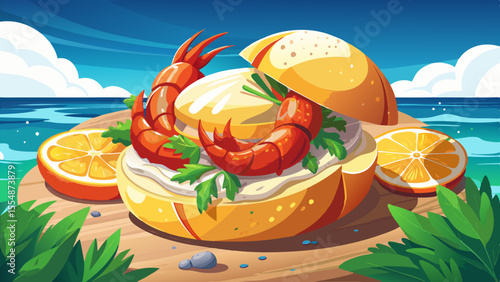 Chunks of fresh lobster mixed with a light lemon-mayo sauce rest inside a buttered, toasted split-top bun. The seafood is juicy and glistening, garnished with fresh herbs. A wedge of lemon lies nearby