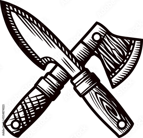 Vintage hand drawn crossed knife and hatchet illustration with wood textured handles isolated on white background