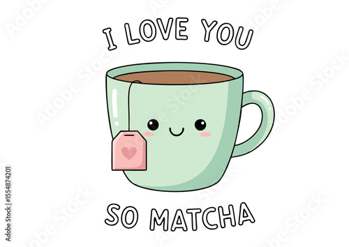 Cute Kawaii Tea Cup with Tea Bag and Smiling Face.
