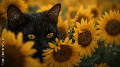 Schwarze Katze im Sonnenblumenfeld – Magisches Farbspiel