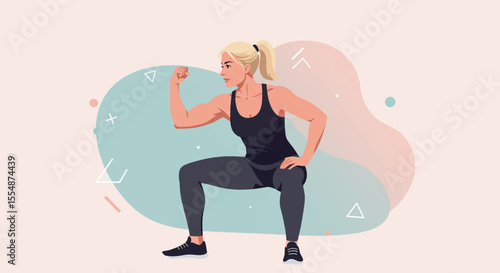 A strong woman in a squat position, flexing her bicep, is illustrated in a flat design style, perfect for fitness websites, marketing materials, and presentations.