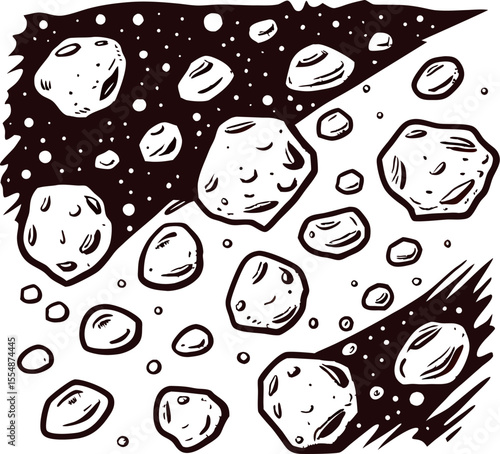 Hand drawn illustration of floating asteroids in outer space with textured cosmic background