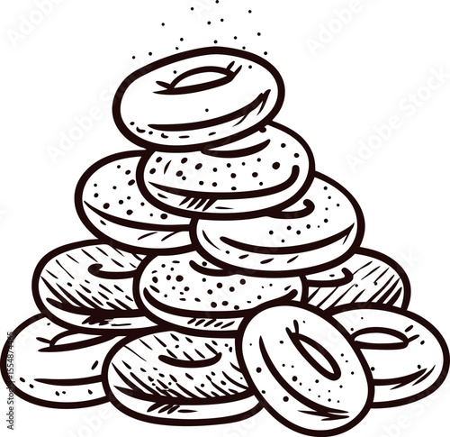 Hand drawn stack of fresh bagels illustration vintage engraving black and white bakery food concept
