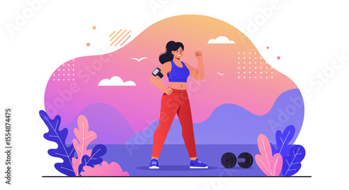 A determined young woman stands confidently outdoors, ready for a fitness workout, showcasing a healthy lifestyle and active living, with dumbbells resting beside her.