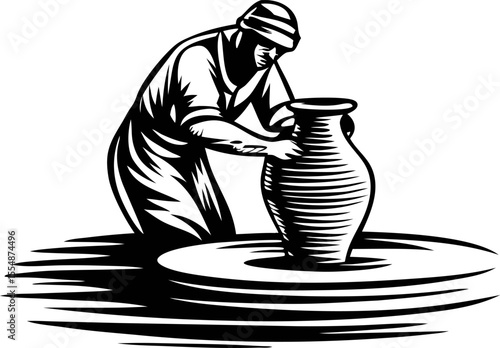 Potter shaping ceramic vase on rotating wheel artisan creating pottery with traditional handcraft technique illustration