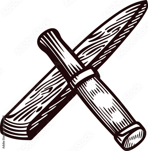 Hand drawn wooden knife sharpening stick engraved illustration isolated on white background