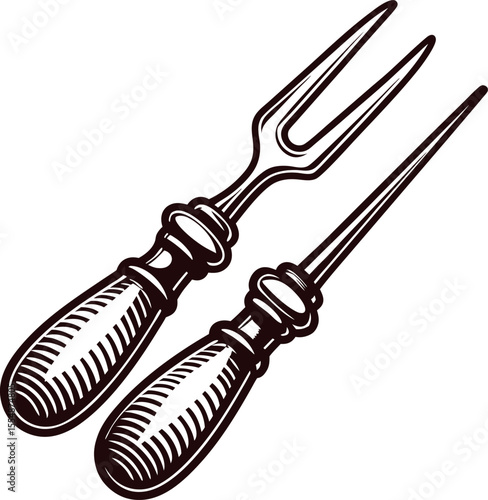 Vintage engraved hand drawn meat fork and sharpening steel illustration with wooden handles in retro