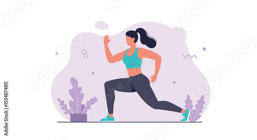 A young woman in sportswear performs a dynamic lunge exercise against a soft purple and white background, ideal for fitness websites, blogs, and marketing materials.