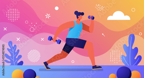 A vibrant illustration of a person performing a dynamic workout, ideal for fitness websites, marketing materials, or presentations needing a modern and energetic feel.