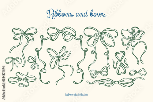 Minimal hand drawn ribbons and bows vector collection. Art for greeting cards, wedding invitations, postcards, branding.
