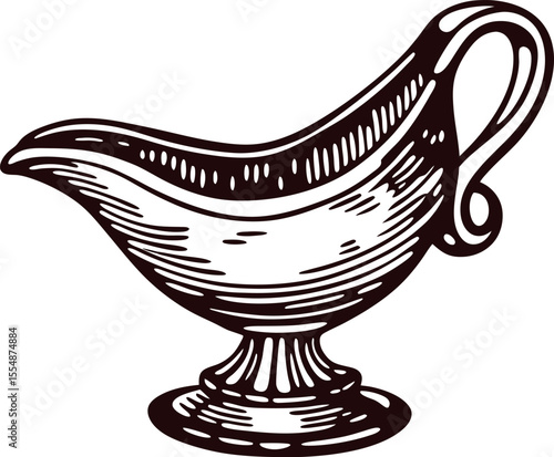 Hand drawn vintage gravy boat illustration with handle and spout on white background engraving