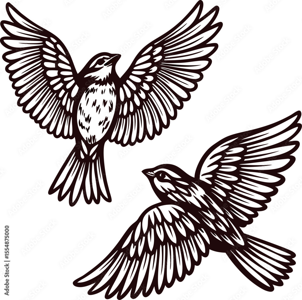 Fototapeta premium Two hand drawn flying swallows with detailed feathers vintage engraved black and white illustration