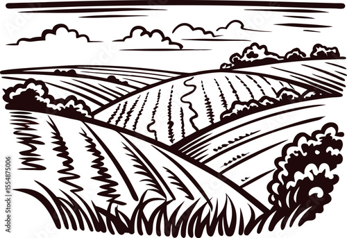 Rolling countryside landscape with fields, hills, bushes, and sky in vintage engraved sketch