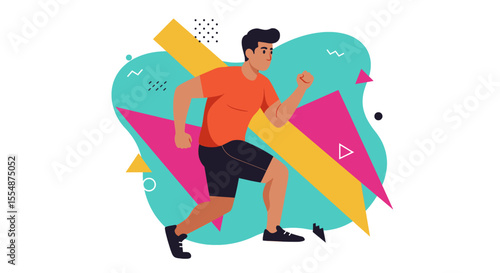 A vibrant flat design illustration of a young man jogging, ideal for landing pages, banners, marketing materials, presentations, and infographics, showcasing a modern and active lifestyle.