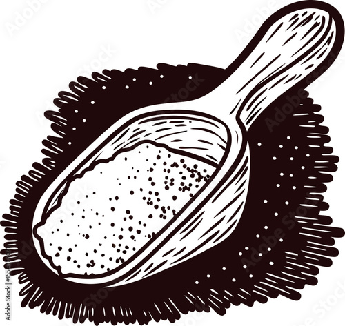 Hand drawn wooden scoop filled with coarse granulated salt engraved vintage illustration isolated on white background