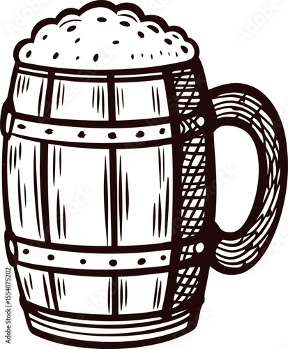 Hand drawn wooden beer mug with foam in vintage engraving illustration