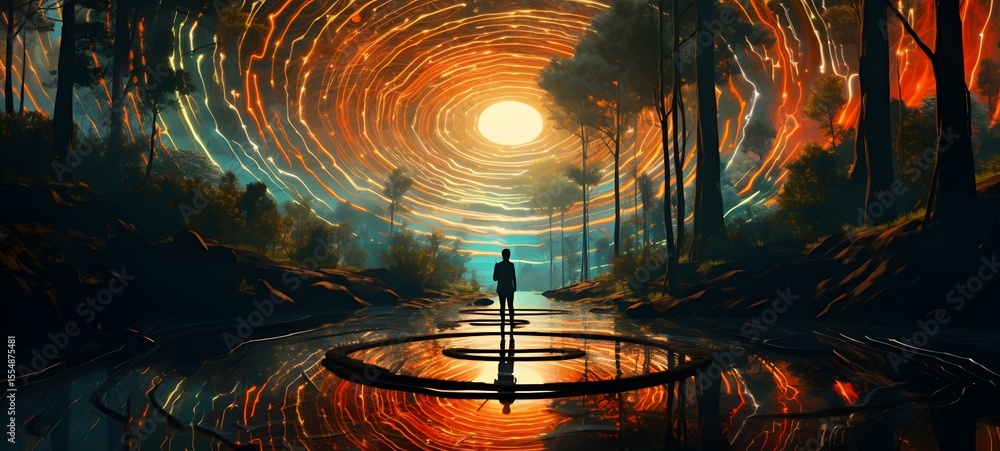 Naklejka premium pop surreal unreal silhouettes spiral towards forest, ai generatif