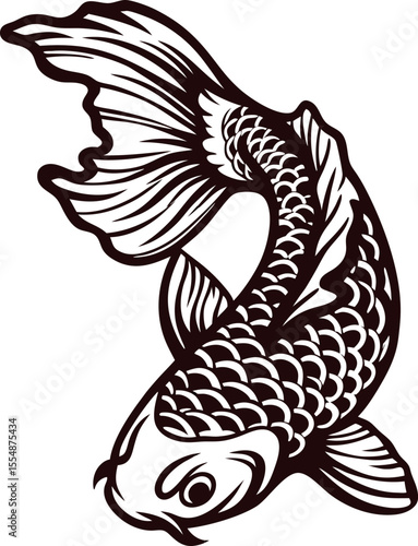Intricate black koi fish illustration with detailed scales and flowing fins isolated on white background