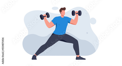 A strong man is lifting dumbbells during a fitness workout, in a flat design style, perfect for fitness websites, blogs, and social media.