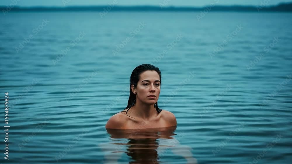 Woman Immersed in Calm Waters Enjoying Tranquility at a Serene Lakeside During Golden Hour Woman Immersed in Calm Waters Enjoying Tranquility at a Serene Lakeside During Golden Hour