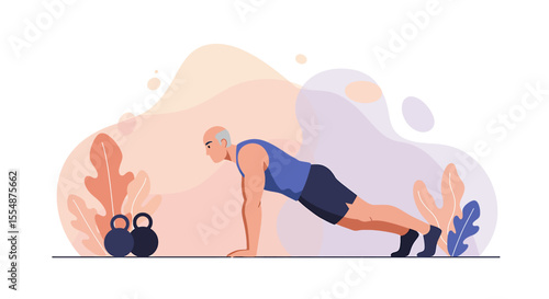 Active senior man doing plank exercise, healthy lifestyle and fitness concept illustration, flat design style, perfect for landing page banner, website, or presentation.