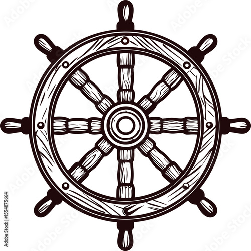 Hand drawn vintage ship wheel with wood texture and nautical elements isolated on white background