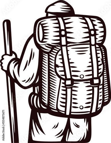 Vintage engraved illustration of a hiker with walking stick and large backpack viewed from behind