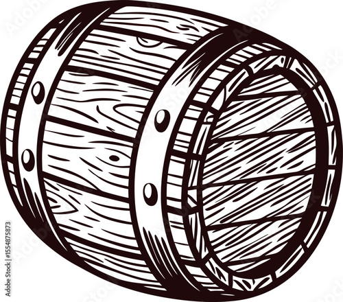Vintage hand drawn wooden barrel illustration in engraved with metal hoops isolated on white background