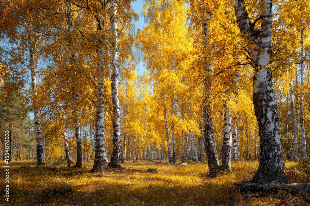 Obraz premium Bright forest of birch trees with yellow leaves a sunlit clearing and white trunks with dark markings