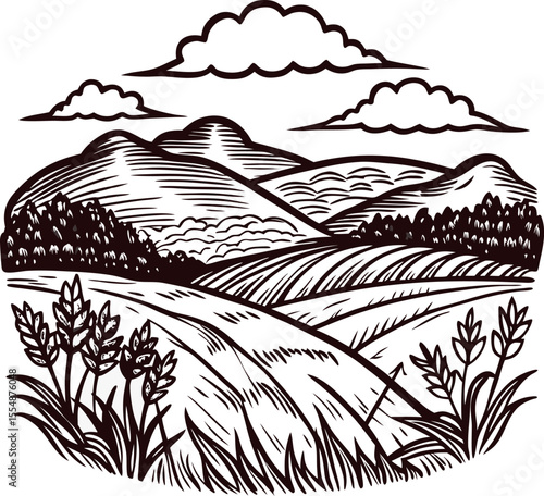 Engraved rural landscape with mountains, fields, and wheat vintage drawing with scenic sky and countryside detail